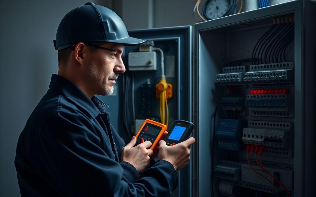 Multimeter testing on an open distribution board