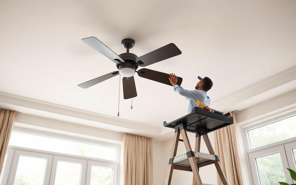 Ceiling fan installation from a step ladder
