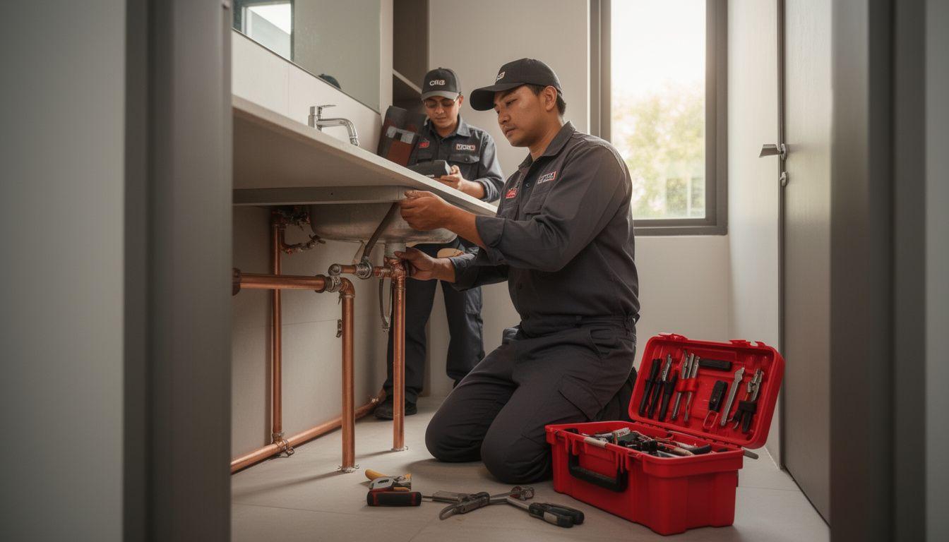 Flowbox technician adjusting copper pipework under a sink