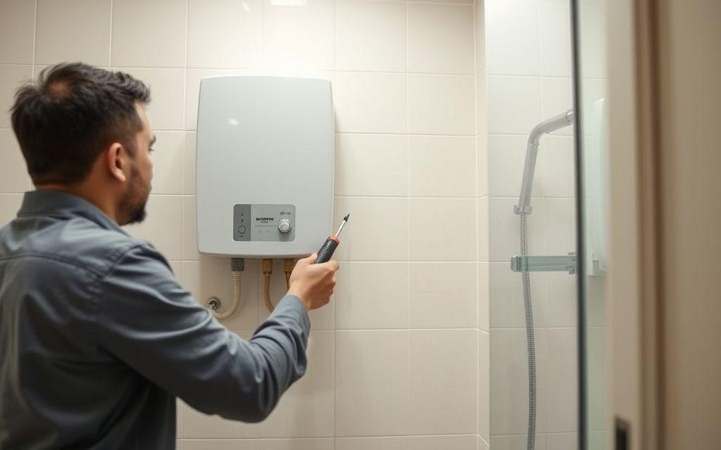 Instant water heater being installed on a bathroom wall