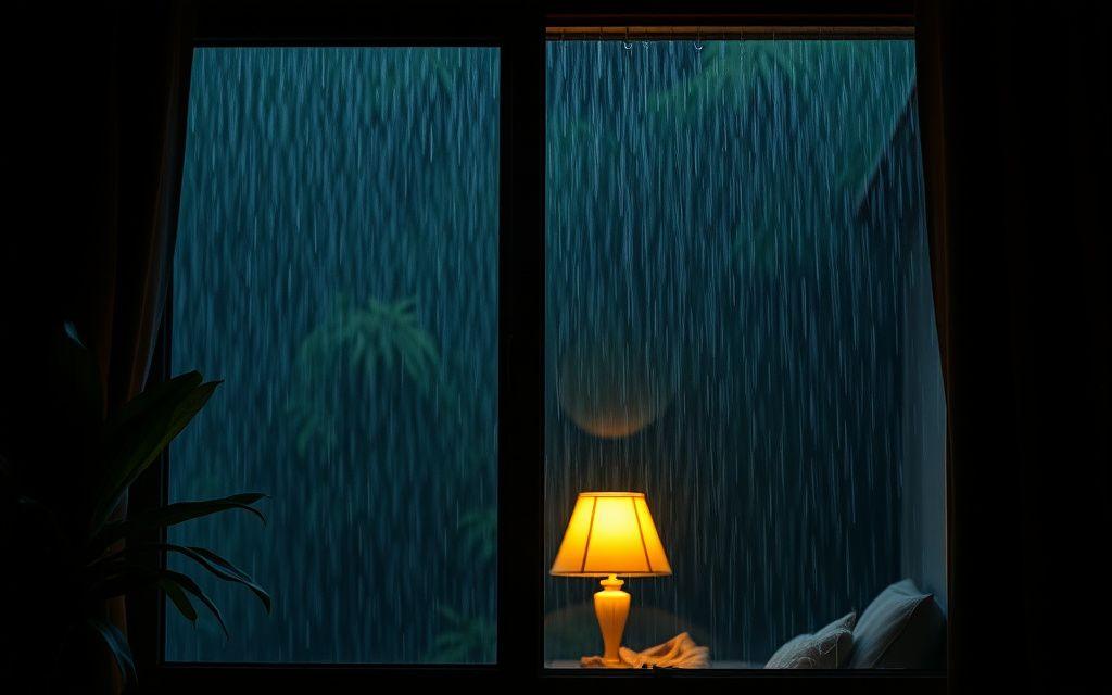 Heavy rain streaking a window at night