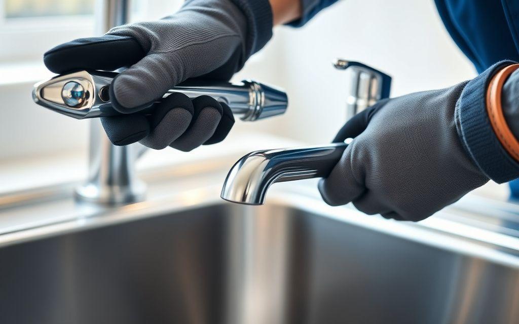 Close-up of a mixer tap being fitted with a wrench