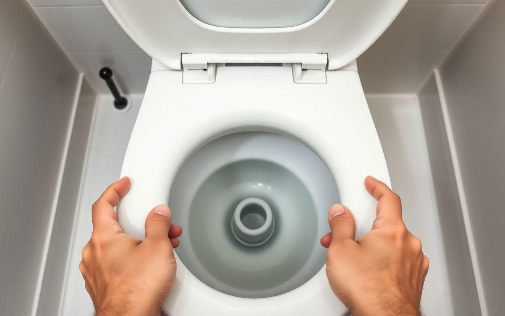 Inspecting the flush valve inside an open toilet cistern