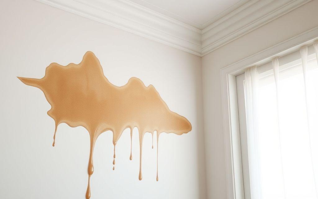 Damp brown stain spreading on a white interior wall